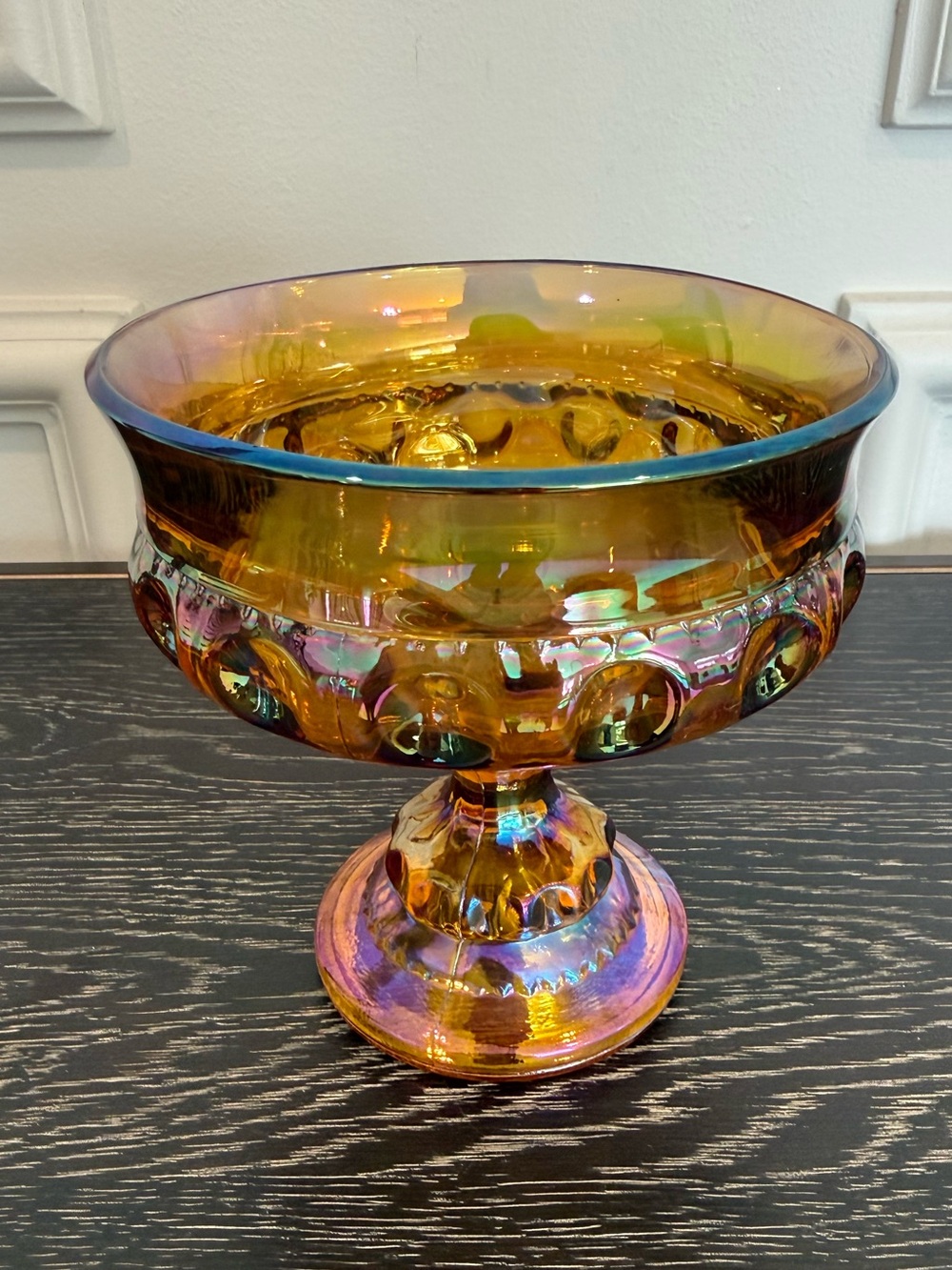Vintage Indiana Glass Compote Kings Crown Marigold Iridescent Carnival Glass